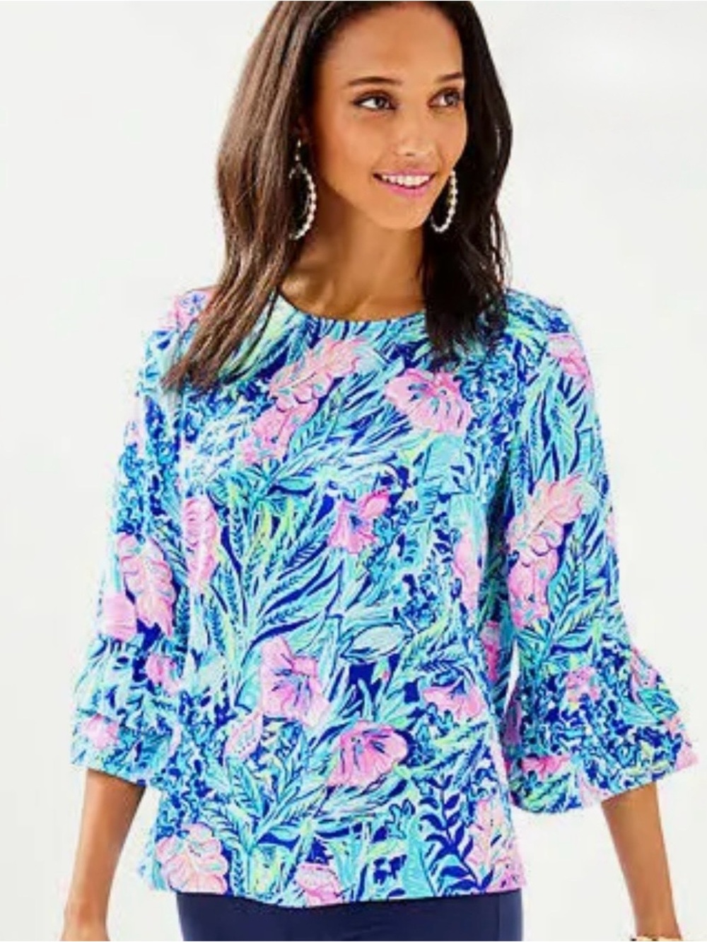 Lilly‎ Pulitzer Christie Top Lapis Lazuli Beach Club Blooms Blue Pink XS 003153